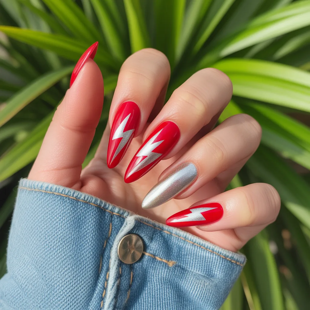 Red + Silver Lightning Strike Nails