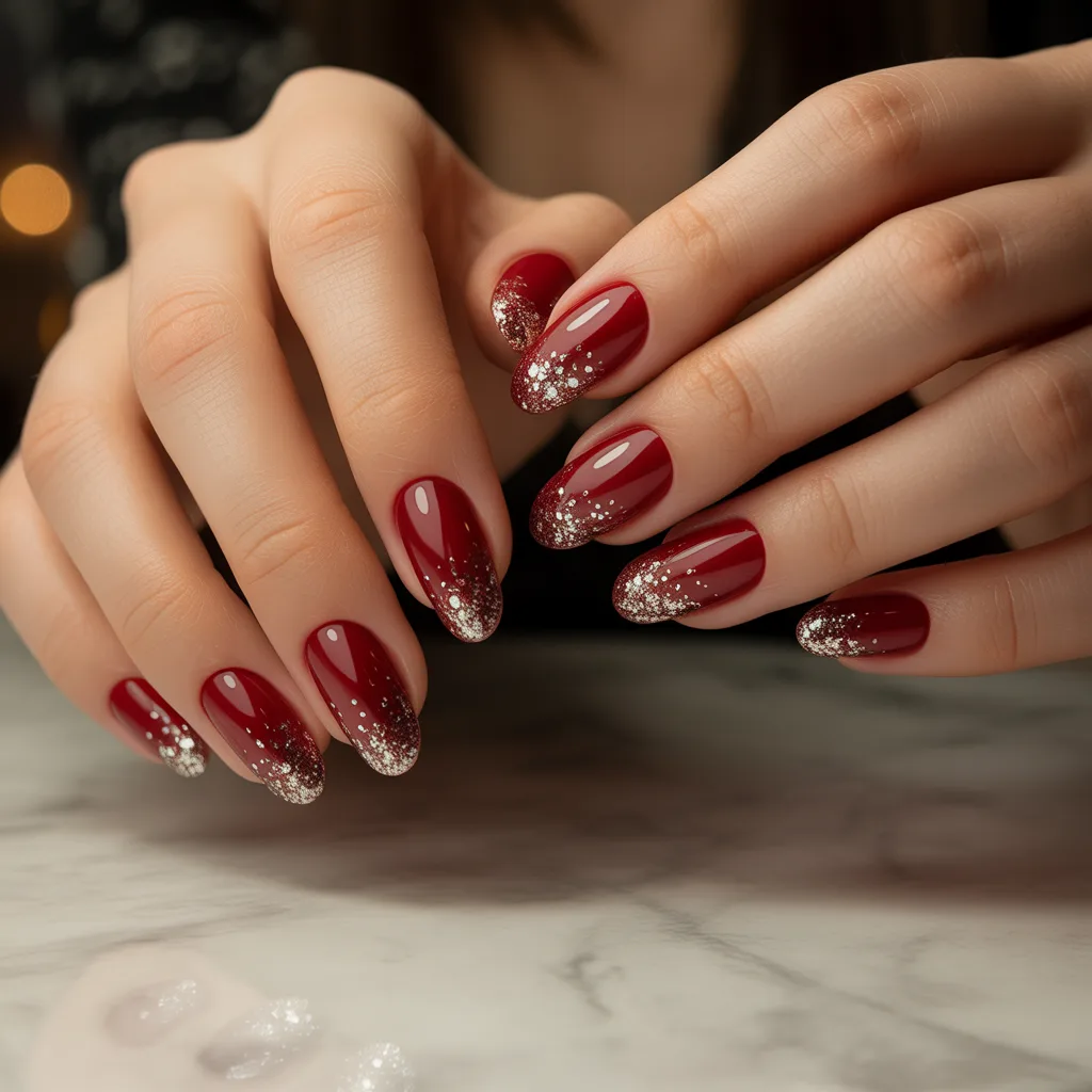 Red & Silver Sparkle Tips Nails