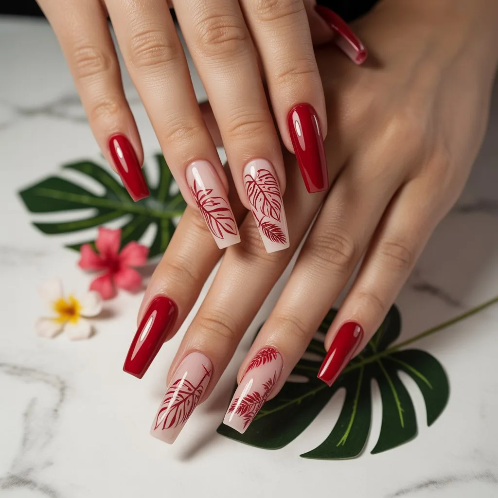 Red Tropic Leaf Outlines Nail
