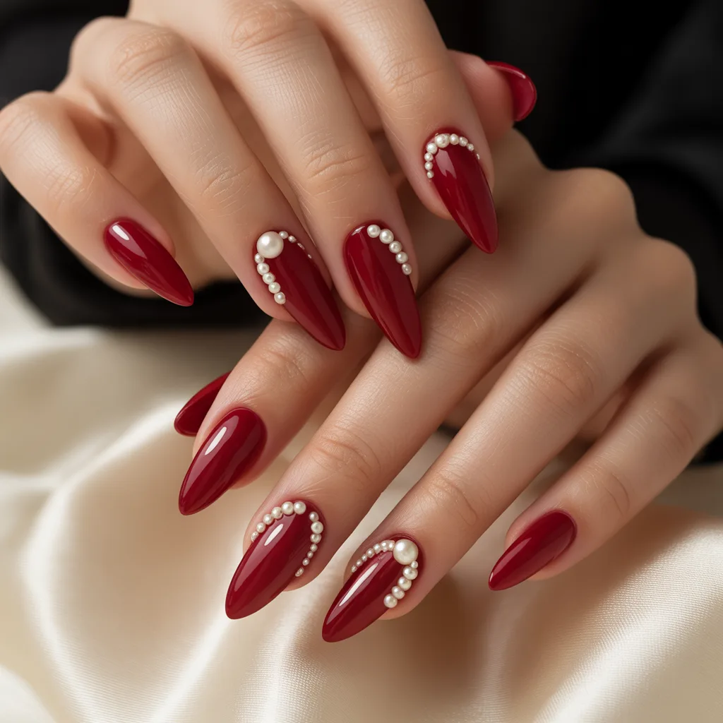 Red with Pearl Embellishments Nails