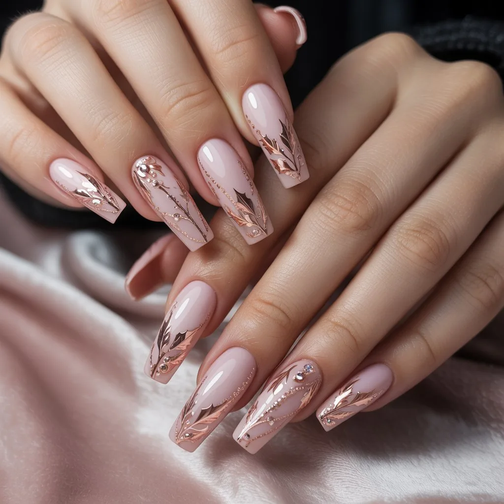 Rose Gold Holly Accent Nails