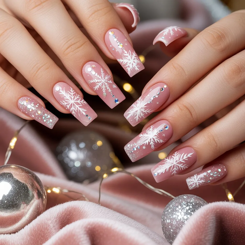Rose-Pink Snowflake Sparkle Nails