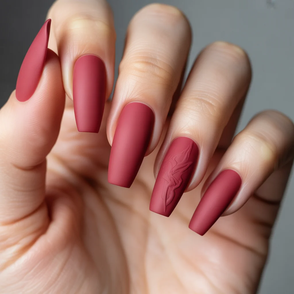 Rose-Red Matte Nails