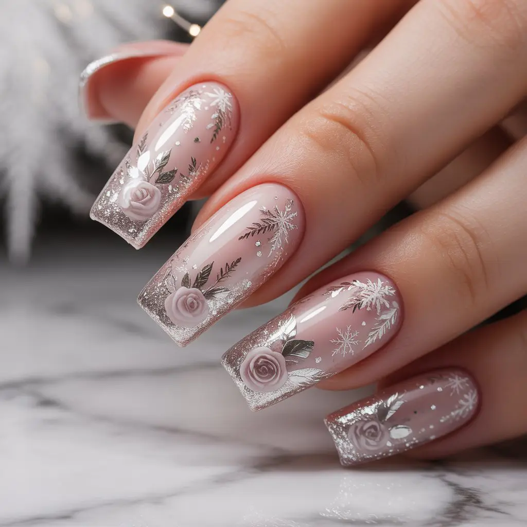 Rose Silver Snowfall Nails