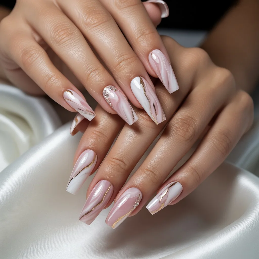 Rosy Quartz Marble Acrylics Nail