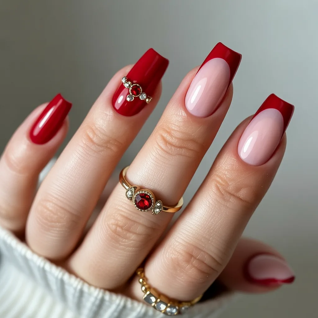  Ruby Rhinestone Accent  Nails

