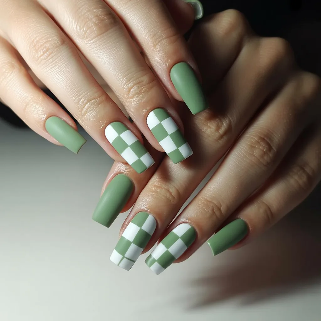 Sage Checkered Patterns Nails