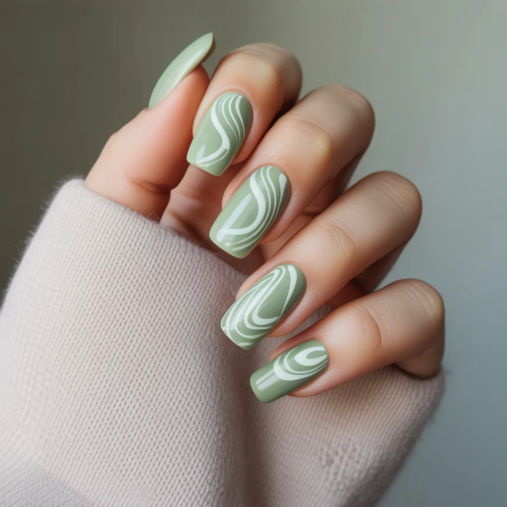 Sage Green Swirls Nails
