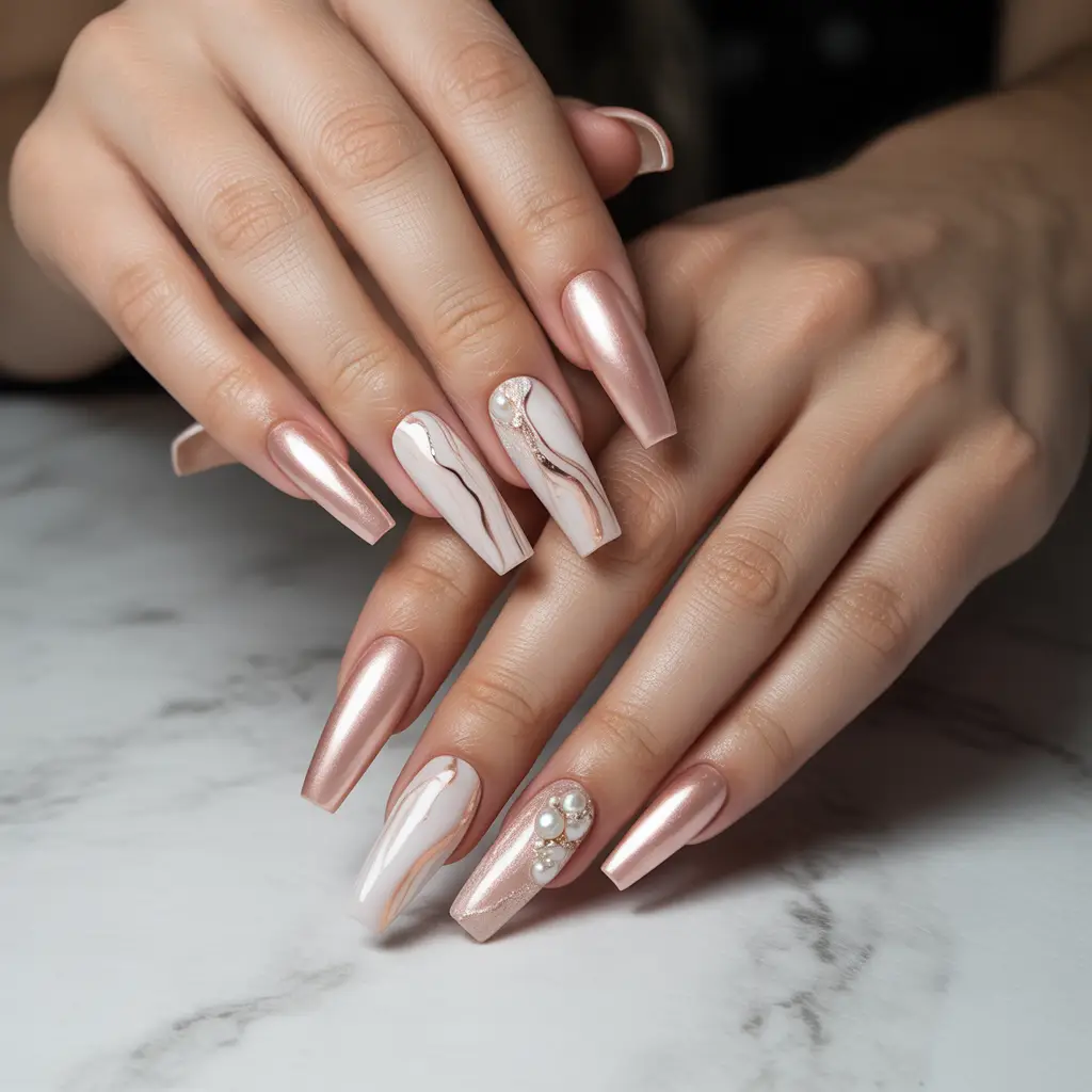 Satin Blush Marble Accent Nails