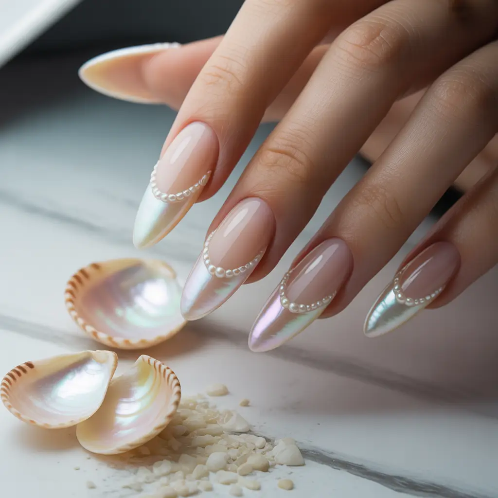 Seashell Pearl French Tips Nail