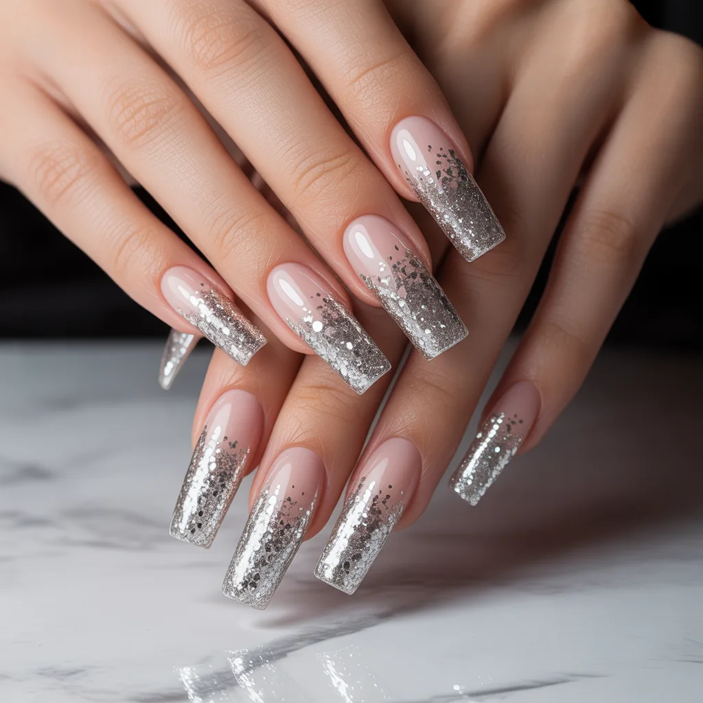 Silver Glitter Gradient Nails 