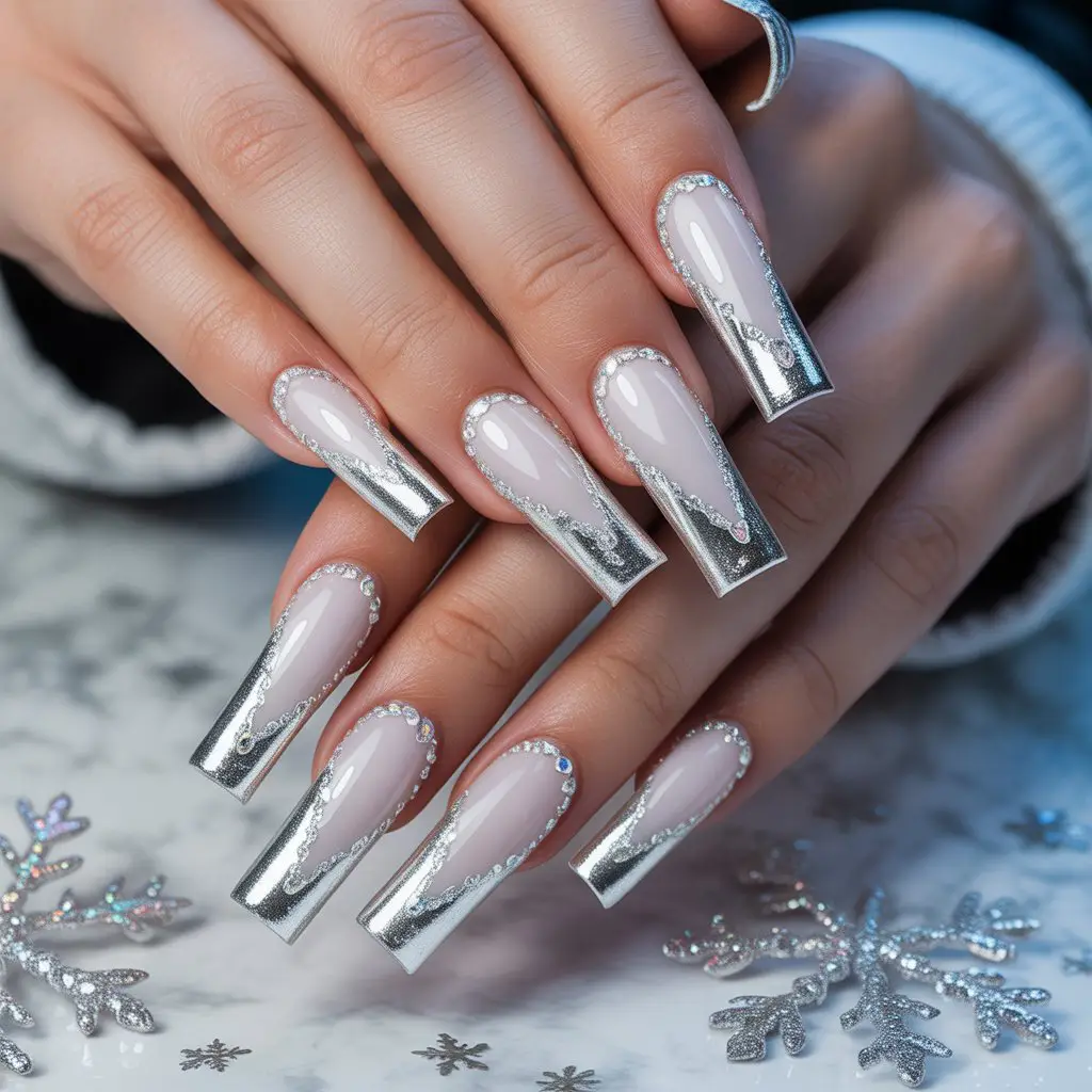 Silver Icicle Arc French Nails