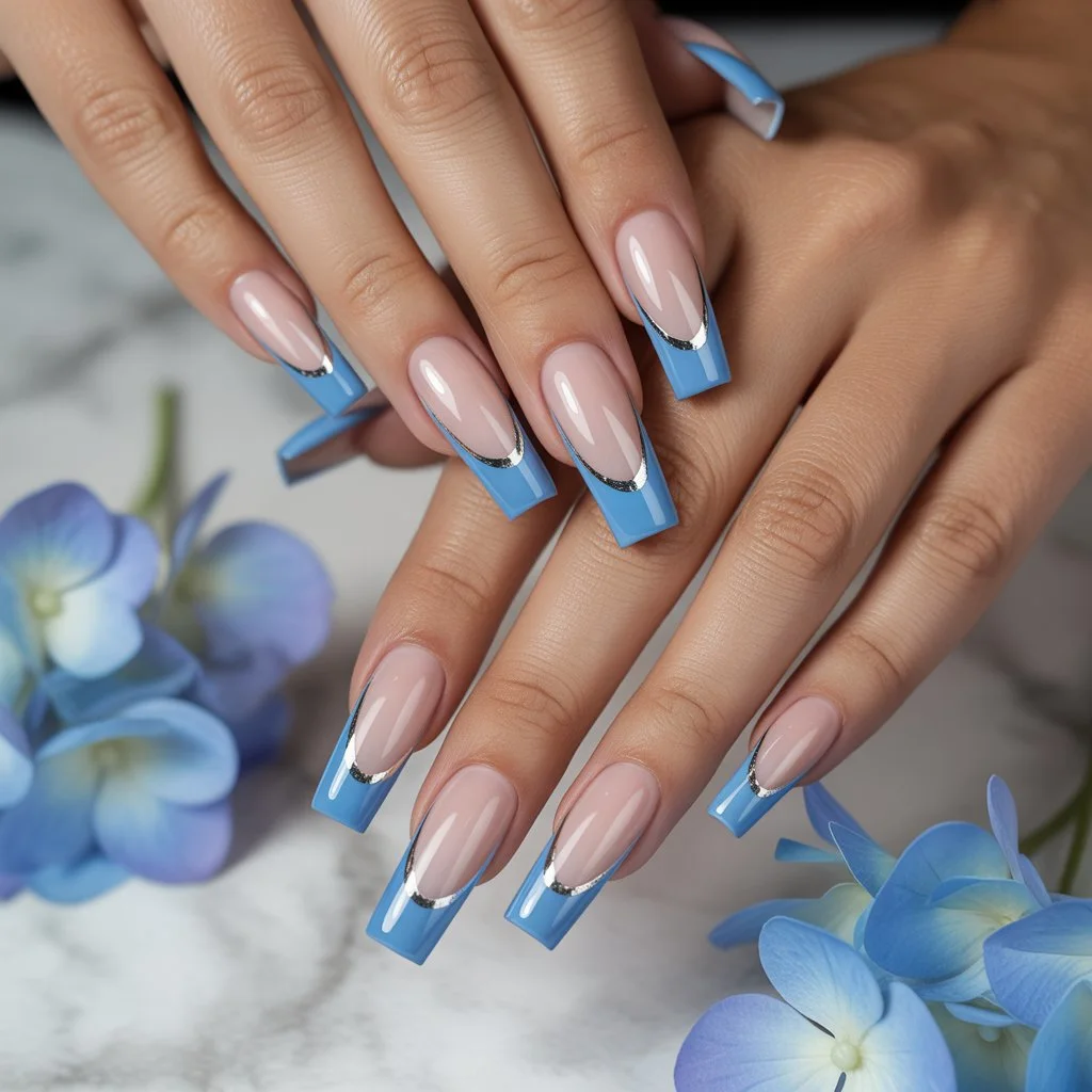 Silver-Lined Blue French Tips Nail