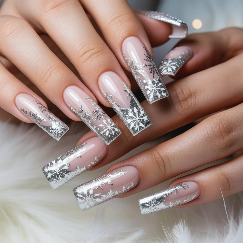 Silver Snowflake Edge French Nails
