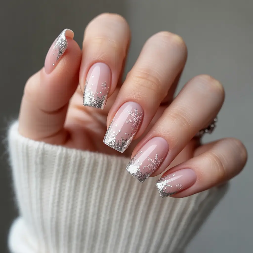 Silver Sparkle Snowflake Tips Nails
