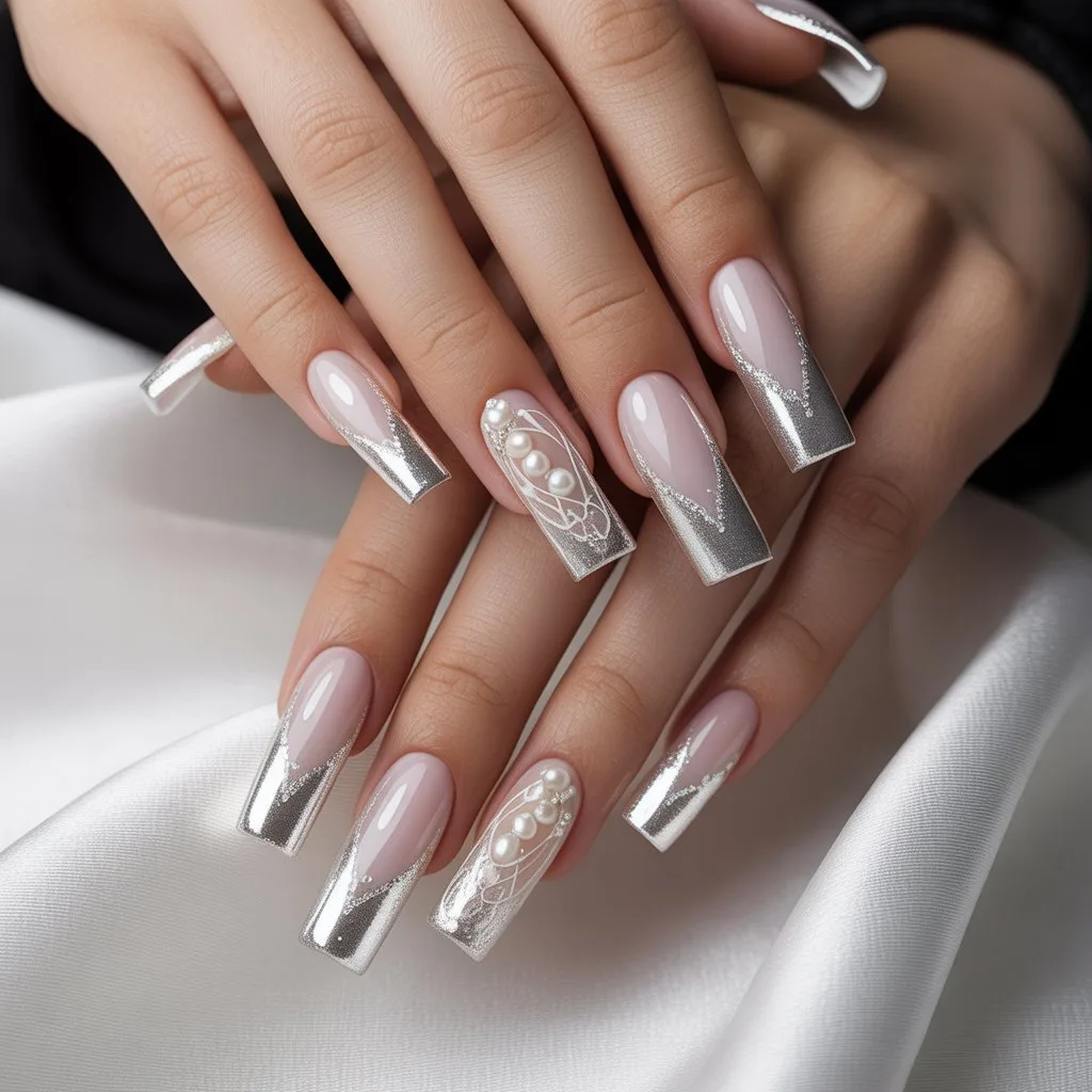 Silver Veil French Acrylics Nail