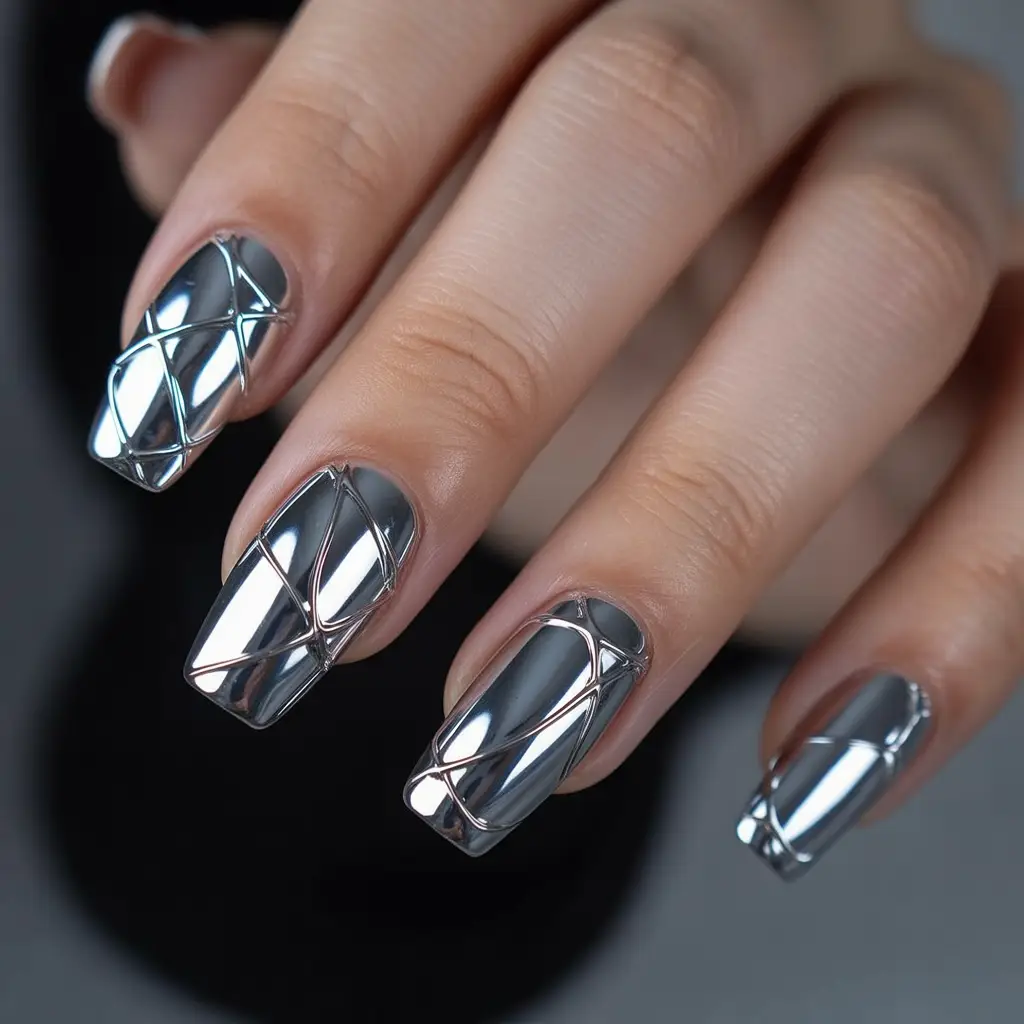 Silver Web Chrome Nails