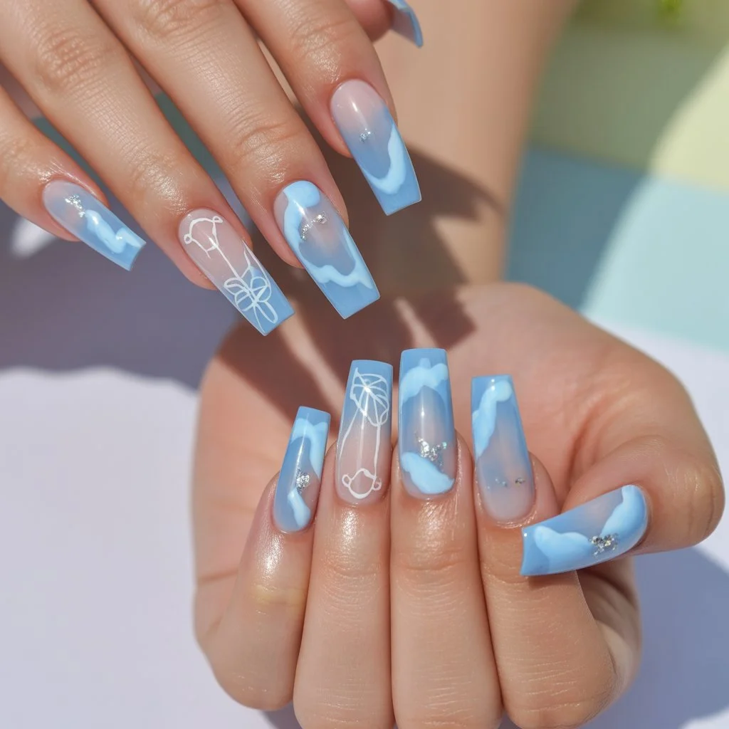 Sky-Blue Sheer Nails