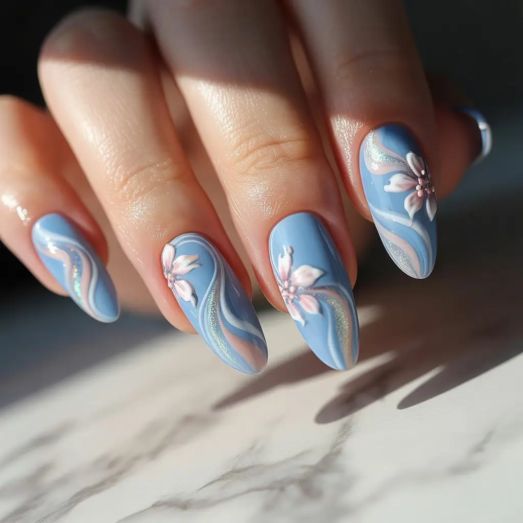Sky Blue Spring Swirl Nails