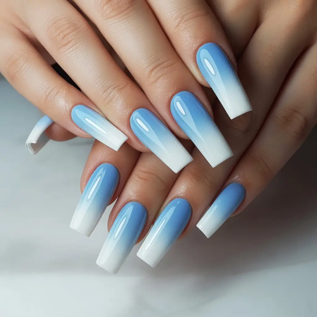 Sky Blue to White Fade Nails
