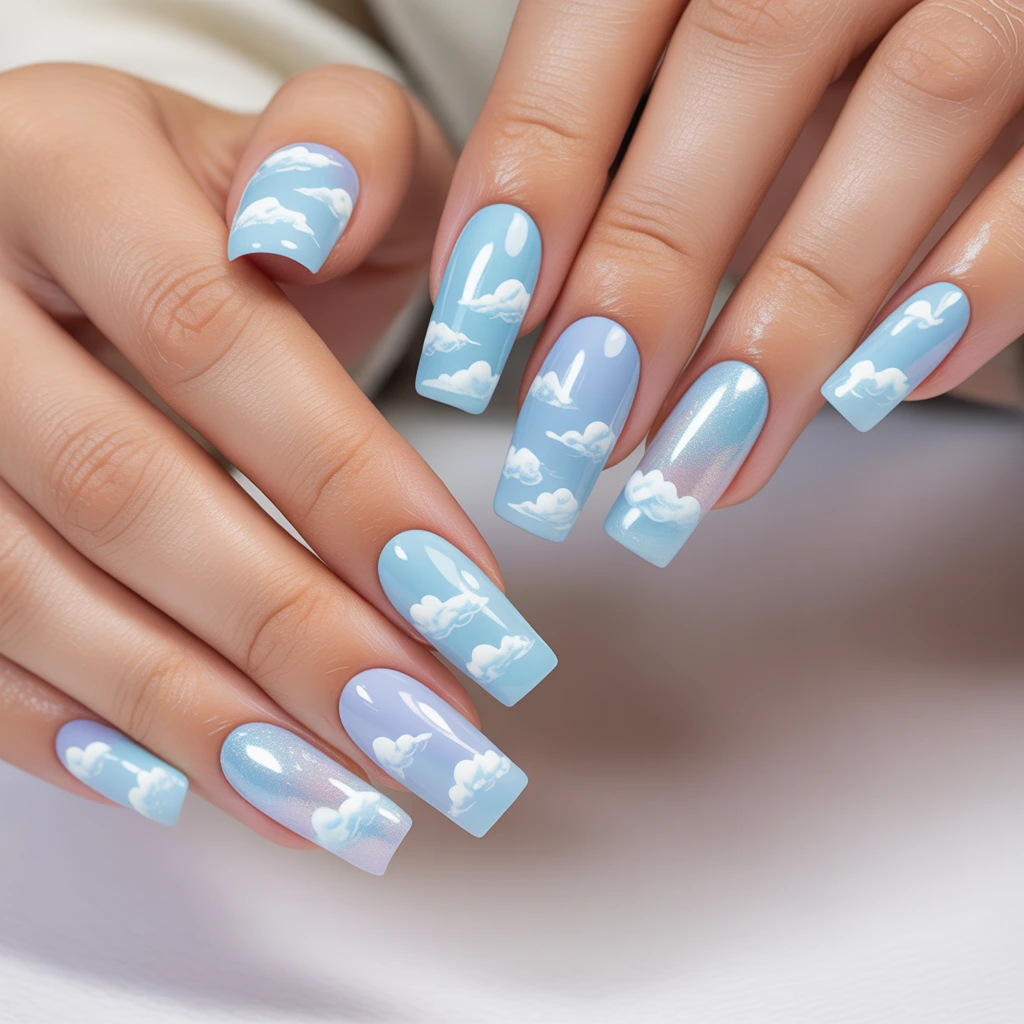 Sky Blue with Clouds nails