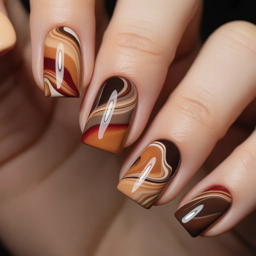 Smoky Maple Layered Marble  Nails 