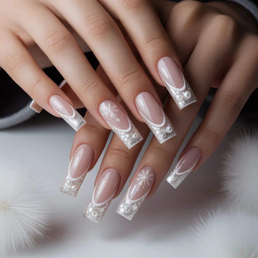 Snow-Dusted French Tip nails