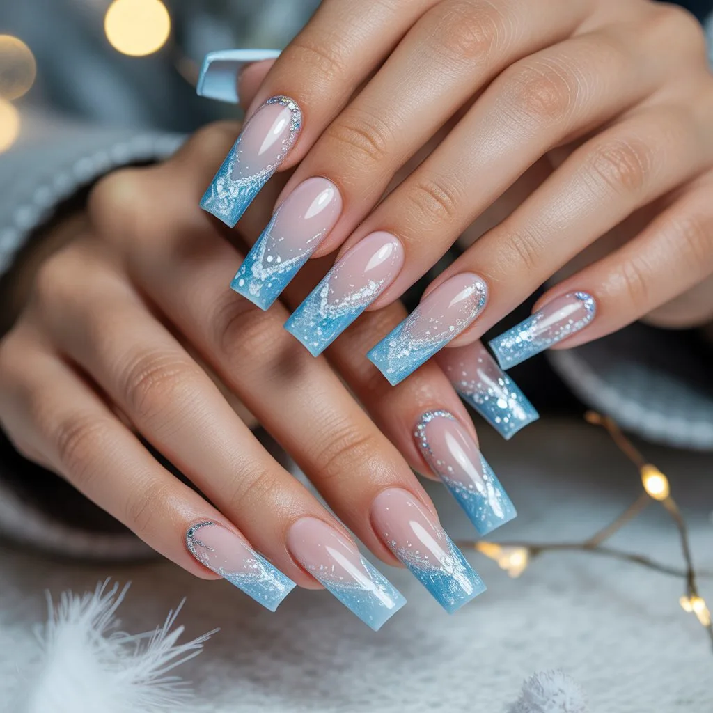 Snow-Dusted Frozen Blue Tips Nail