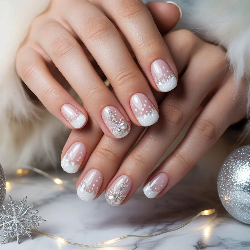 Snow-Dusted White Gel Tips Nail