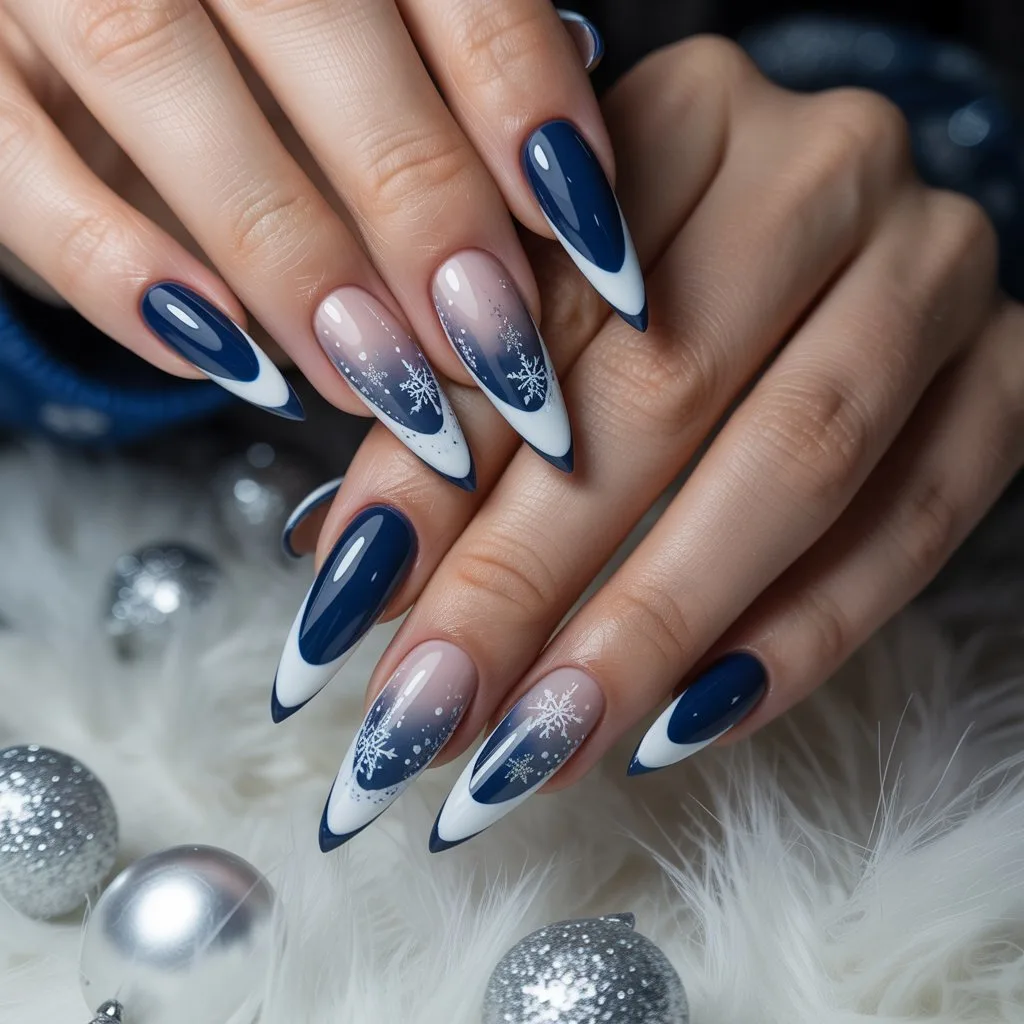 Snowy Midnight Blue French Tips Nail