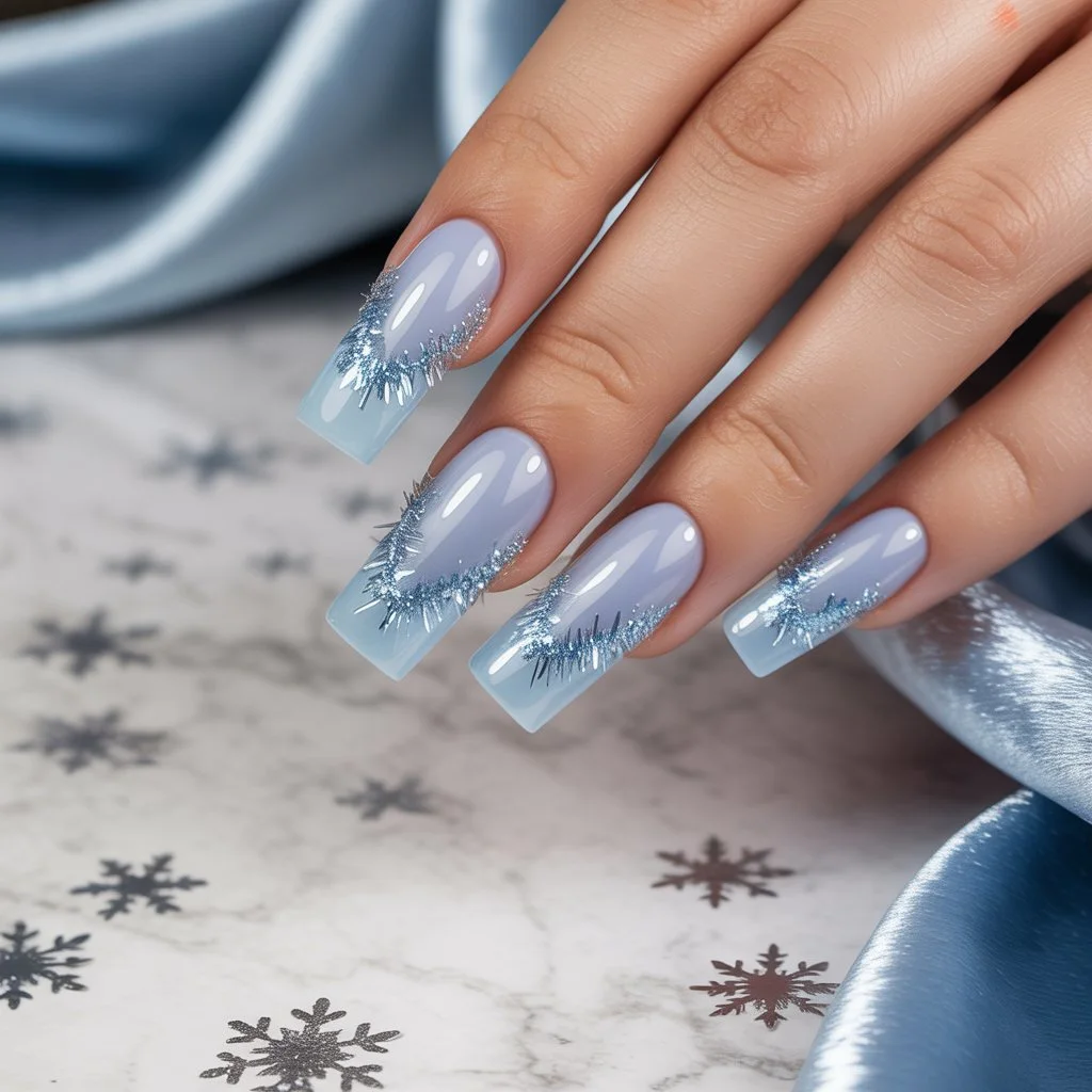 Soft Blue Tinsel Edge Nails
