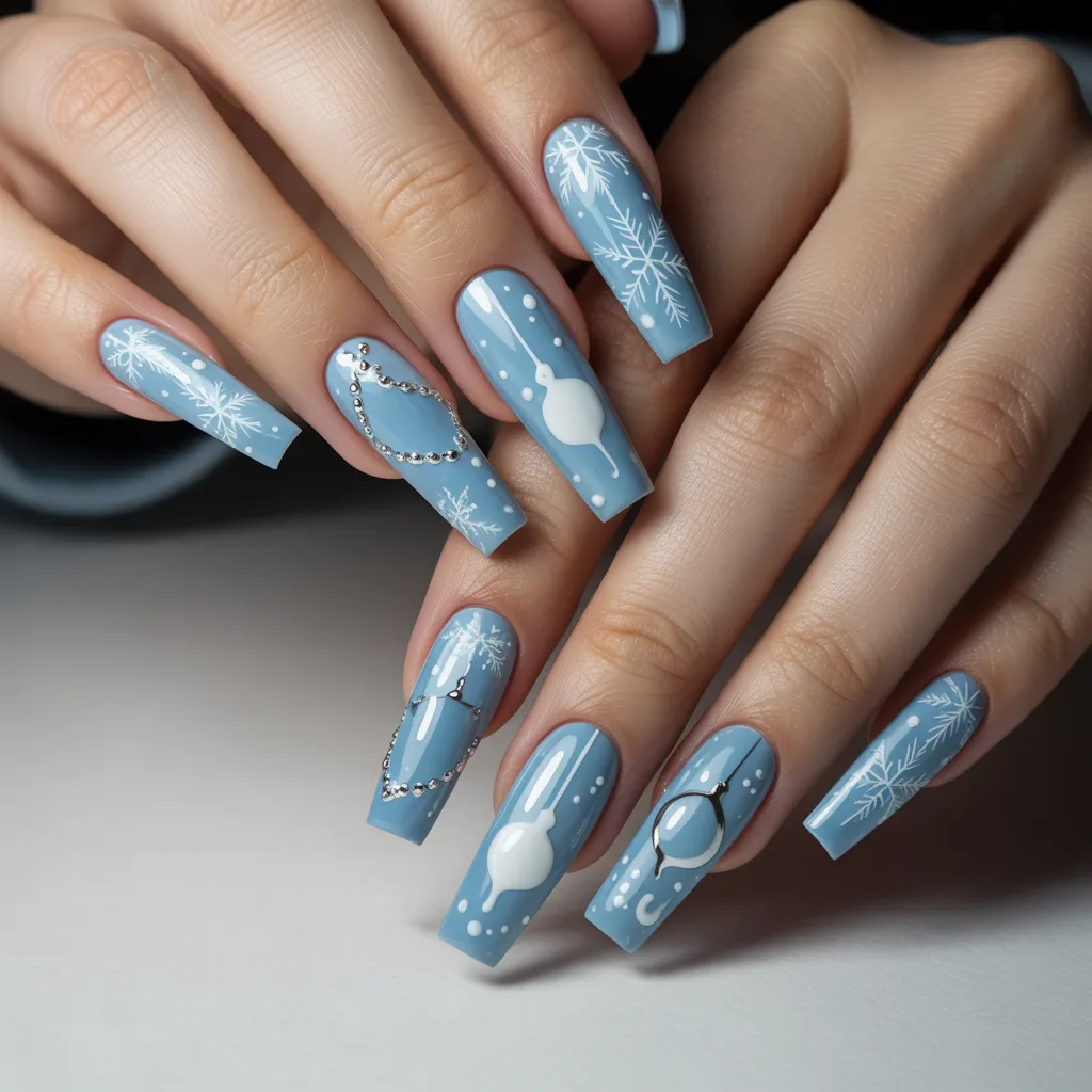 Soft Blue Winter Ornament Nails