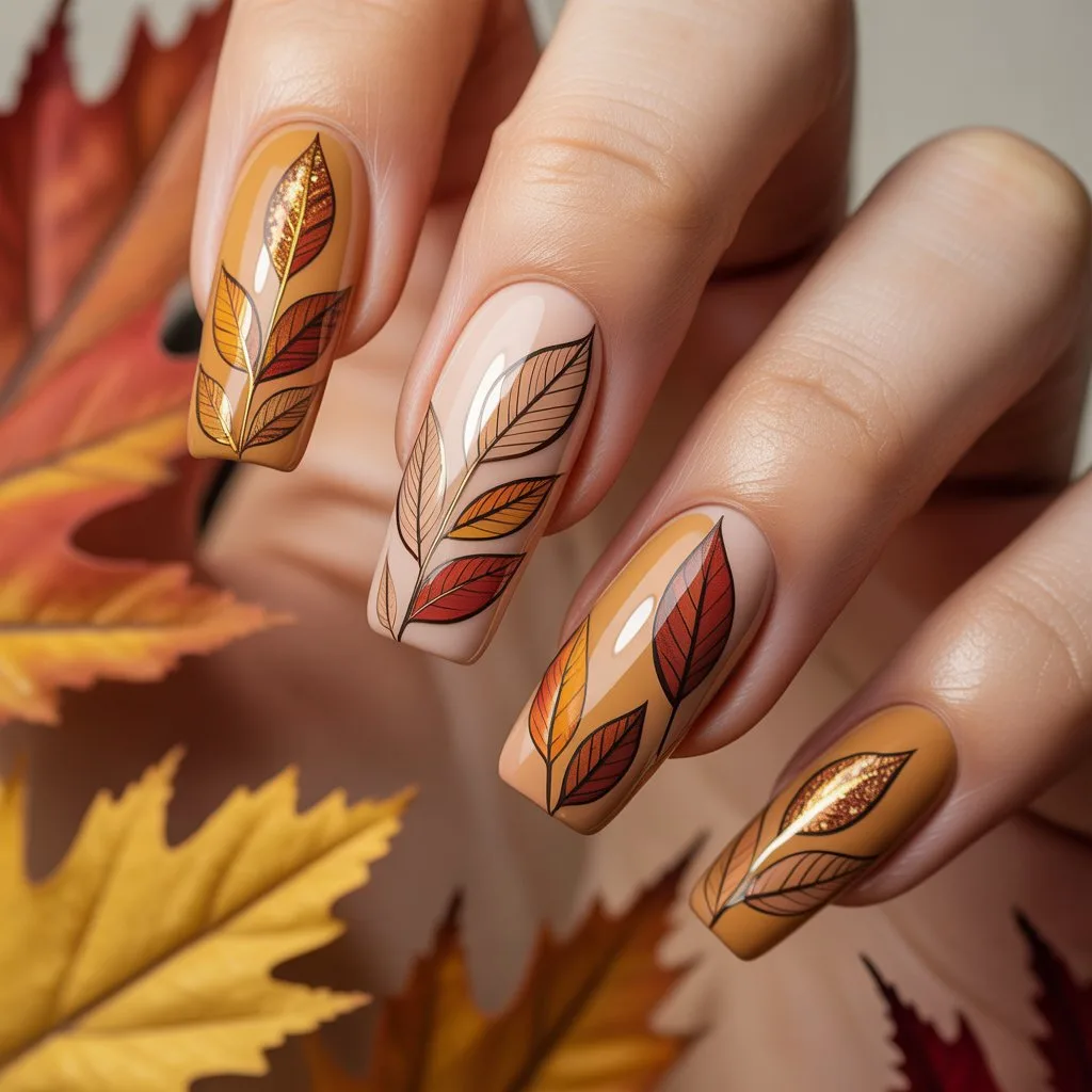 Soft Caramel Leaf Art Nail