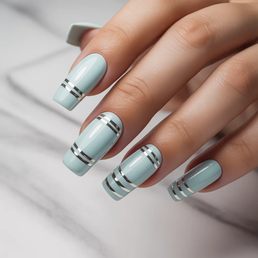 Soft Mint Blue with Silver Stripes Nails