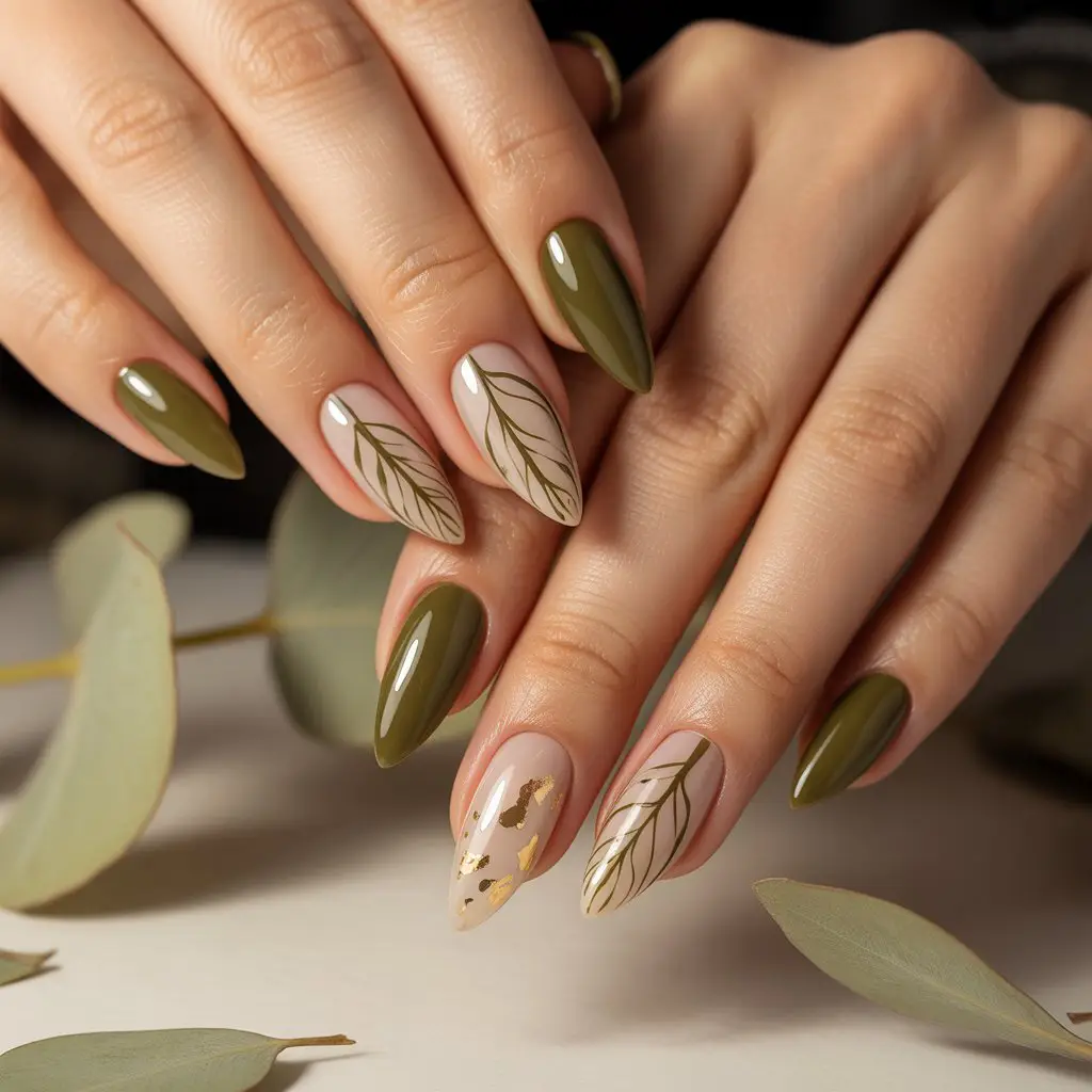 Soft Olive Leaf Outline Nails