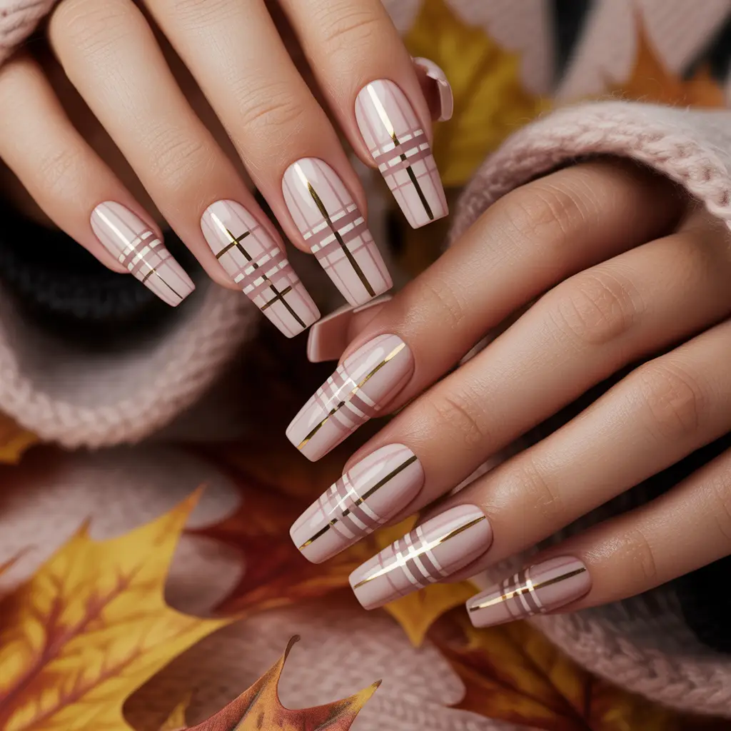Soft Pink Fall Plaid Nails