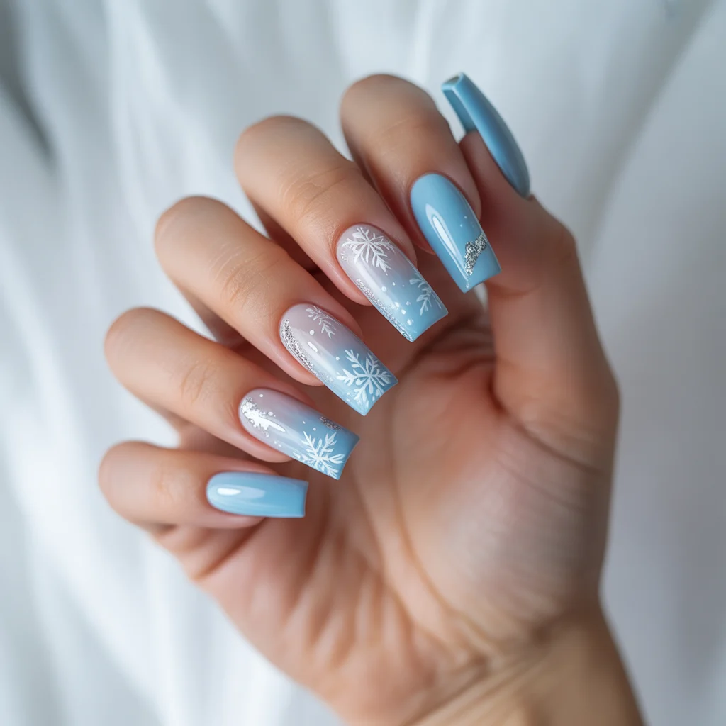  Soft Sky Blue with Snowflake Art Nails