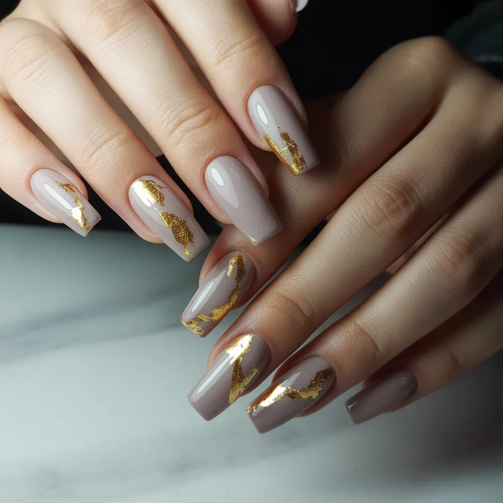 Soft Taupe with Gold Leaf Nails
