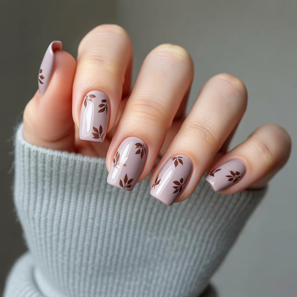 Soft Taupe with Leaf Confetti Nails