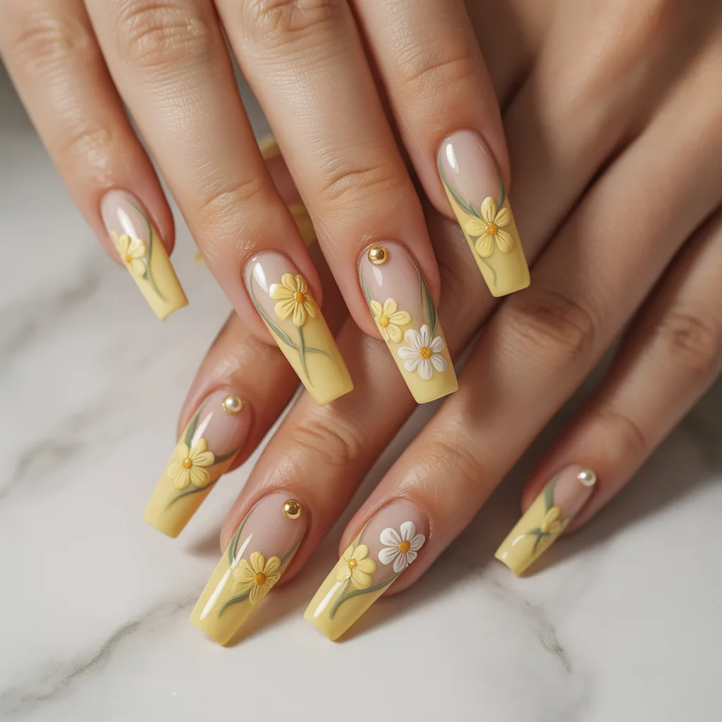 Soft Yellow Flower Garland Nails