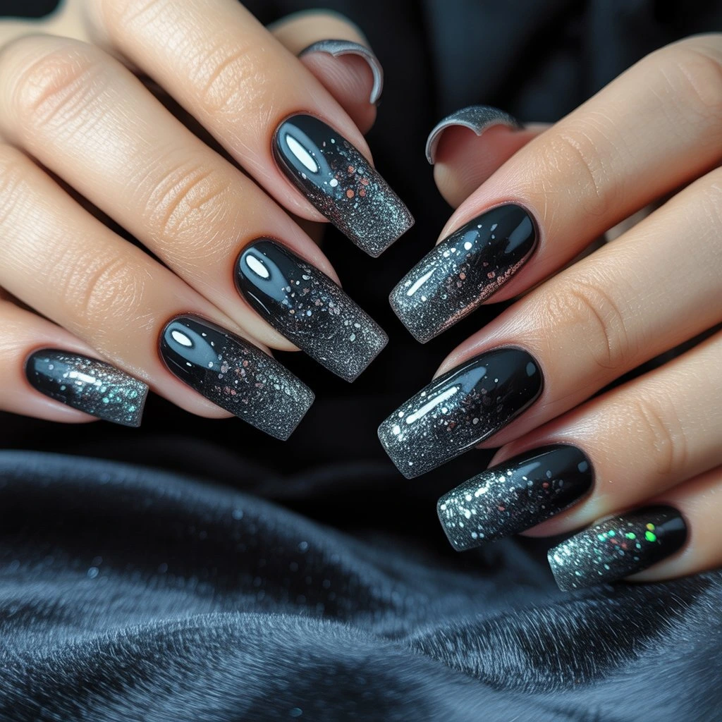 Sparkling Coal Glitter Ombre Nails