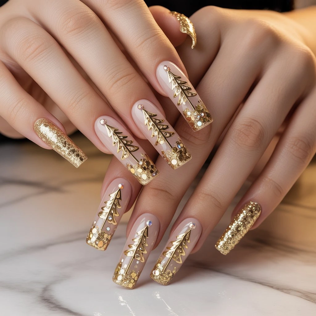 Sparkling Gold Tree Acrylics Nail