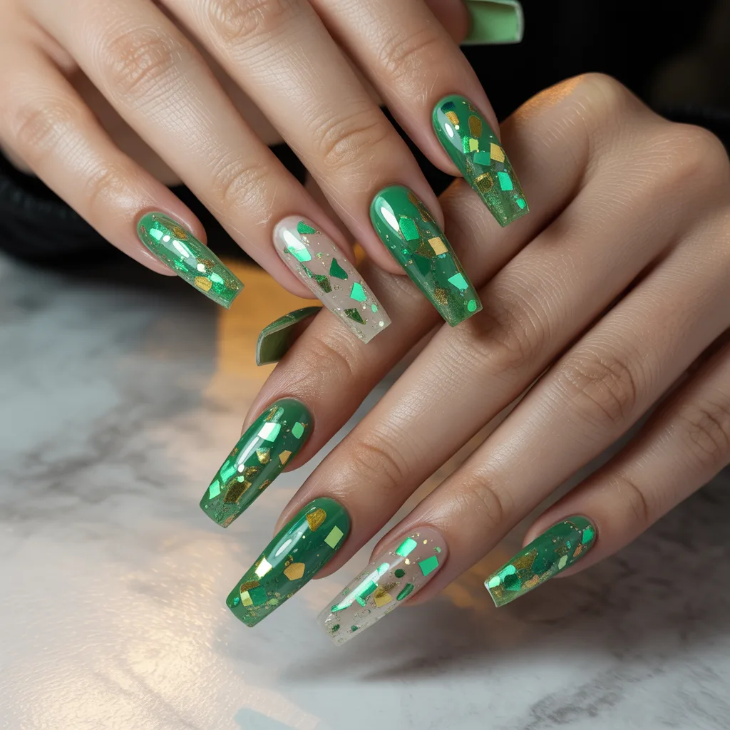 Sparkling Green Confetti Nails