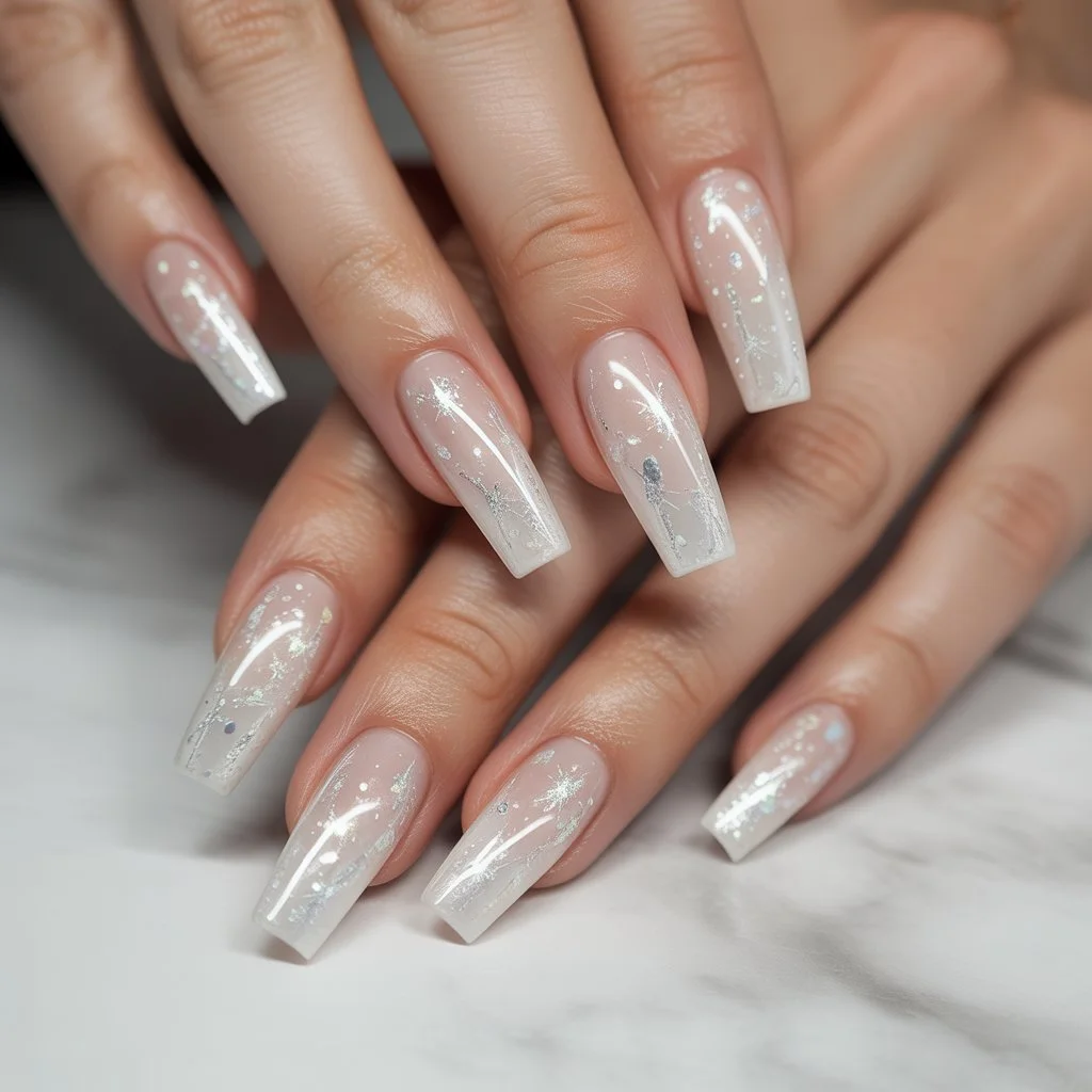 Starry White Glitter Veil Nails