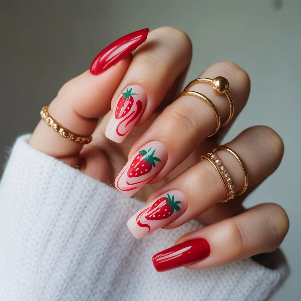 Strawberry Swirl Acrylic Art Nails