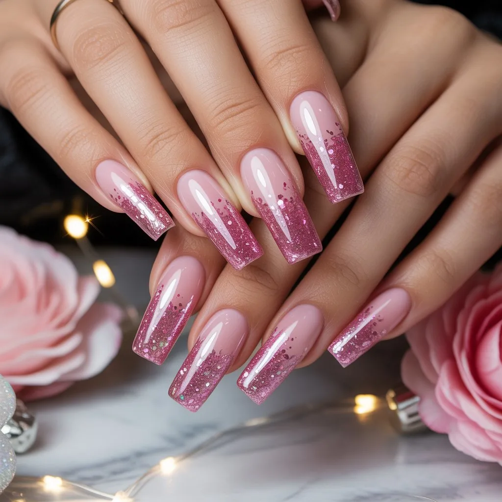 Sugarplum Pink Glitter Fade Nails