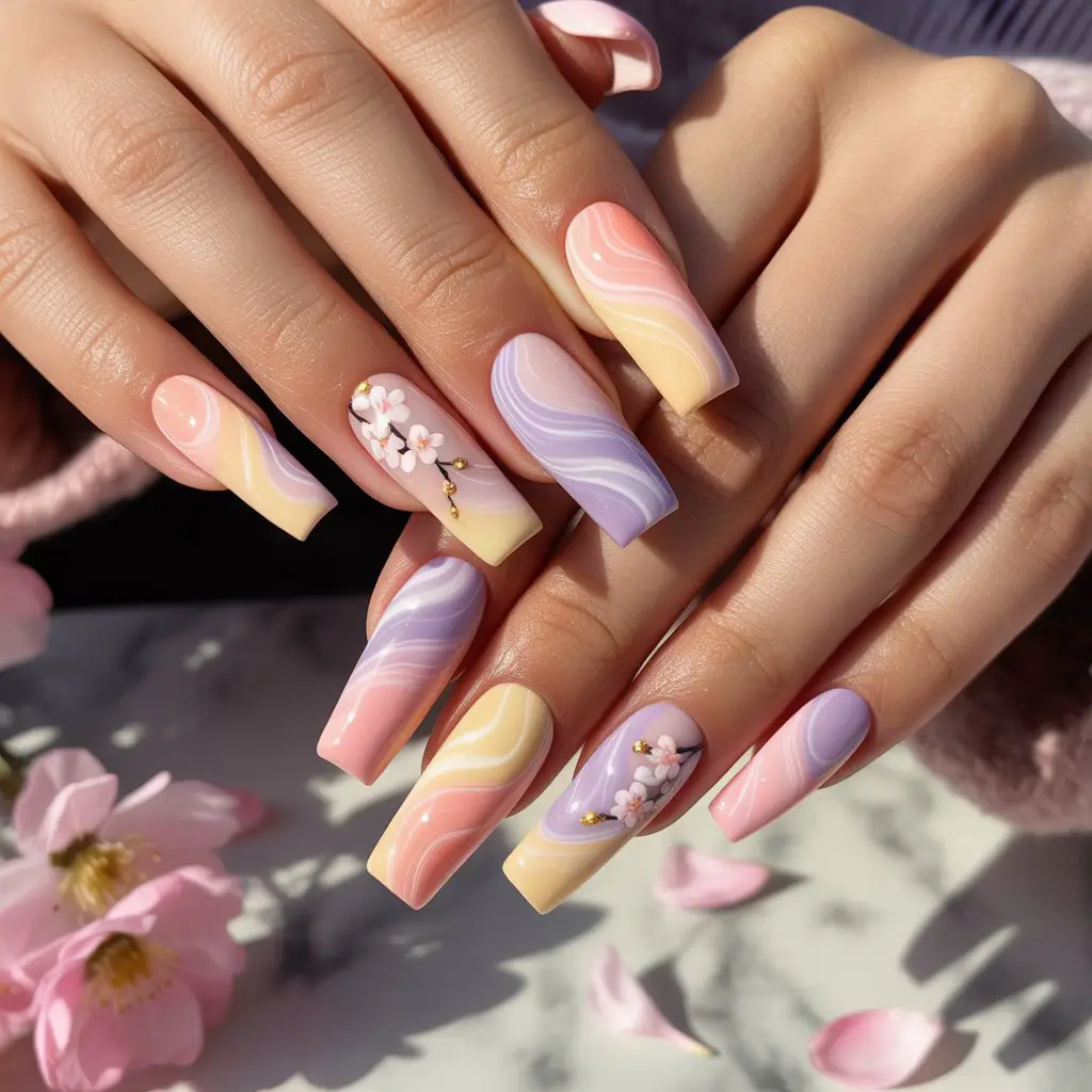 Sunrise Pastel Marble Nails