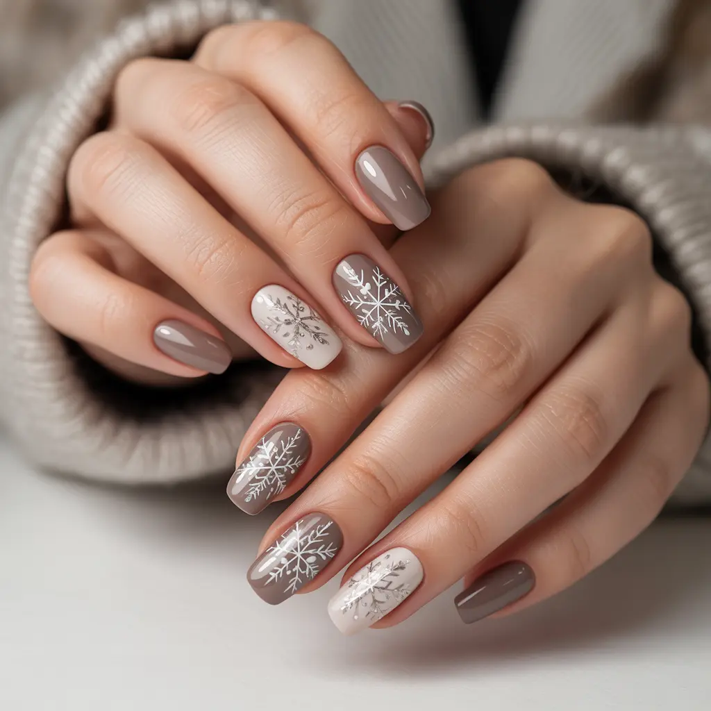 Taupe Winter Snowflake Nails 