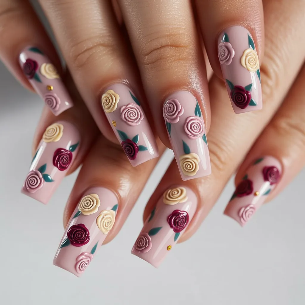 Tiny Roses on Blush Pink Base Nails