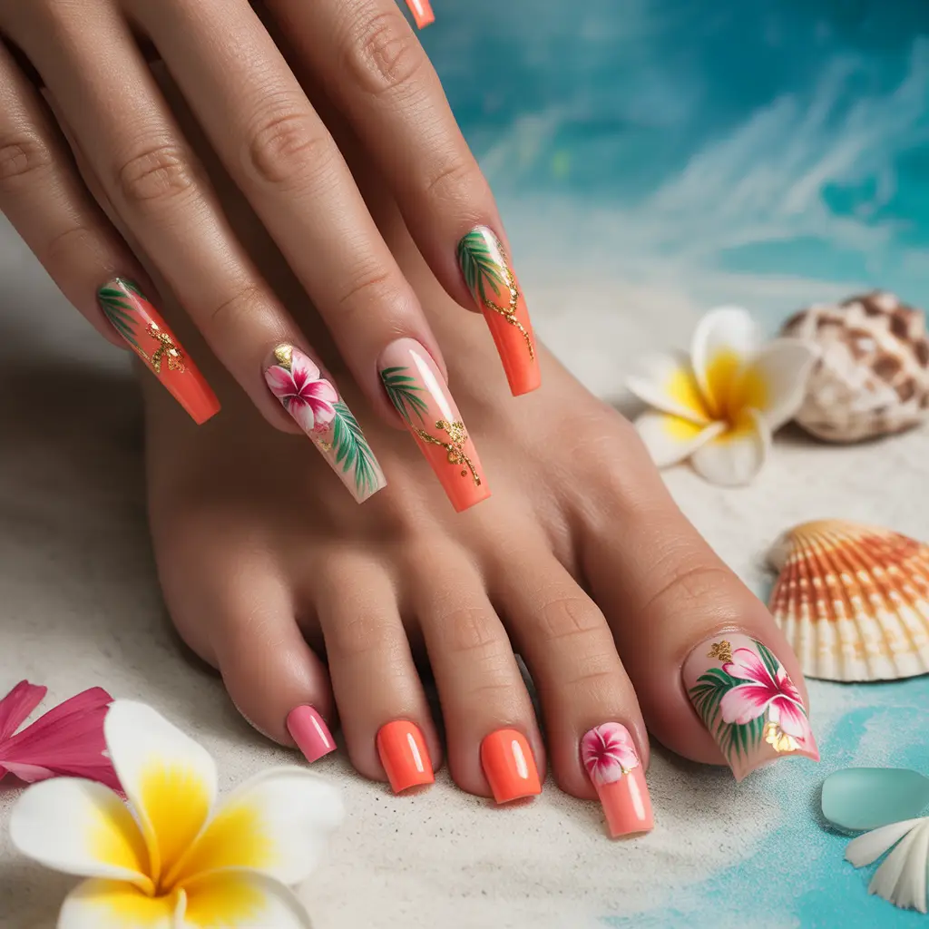 Tropical Floral Accent Toe Nails